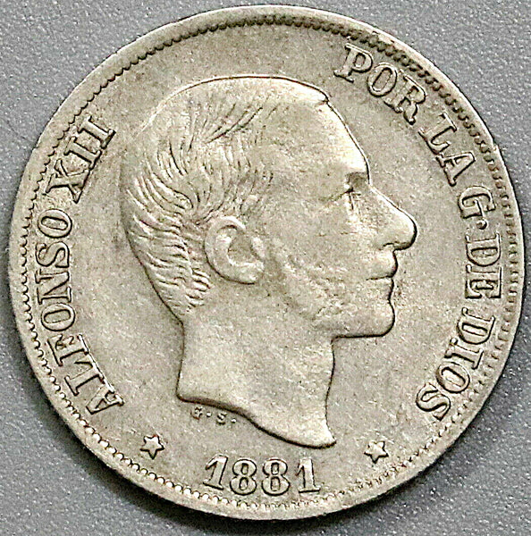 1881 Philippines 10 Centimos Centavos XF Spain Colony Silver Coin (23120901R)