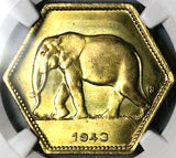 1943 NGC MS 65 Belgian Congo 1943 2 Francs Elephant GEM Coin POP 6/1 (25070102C)