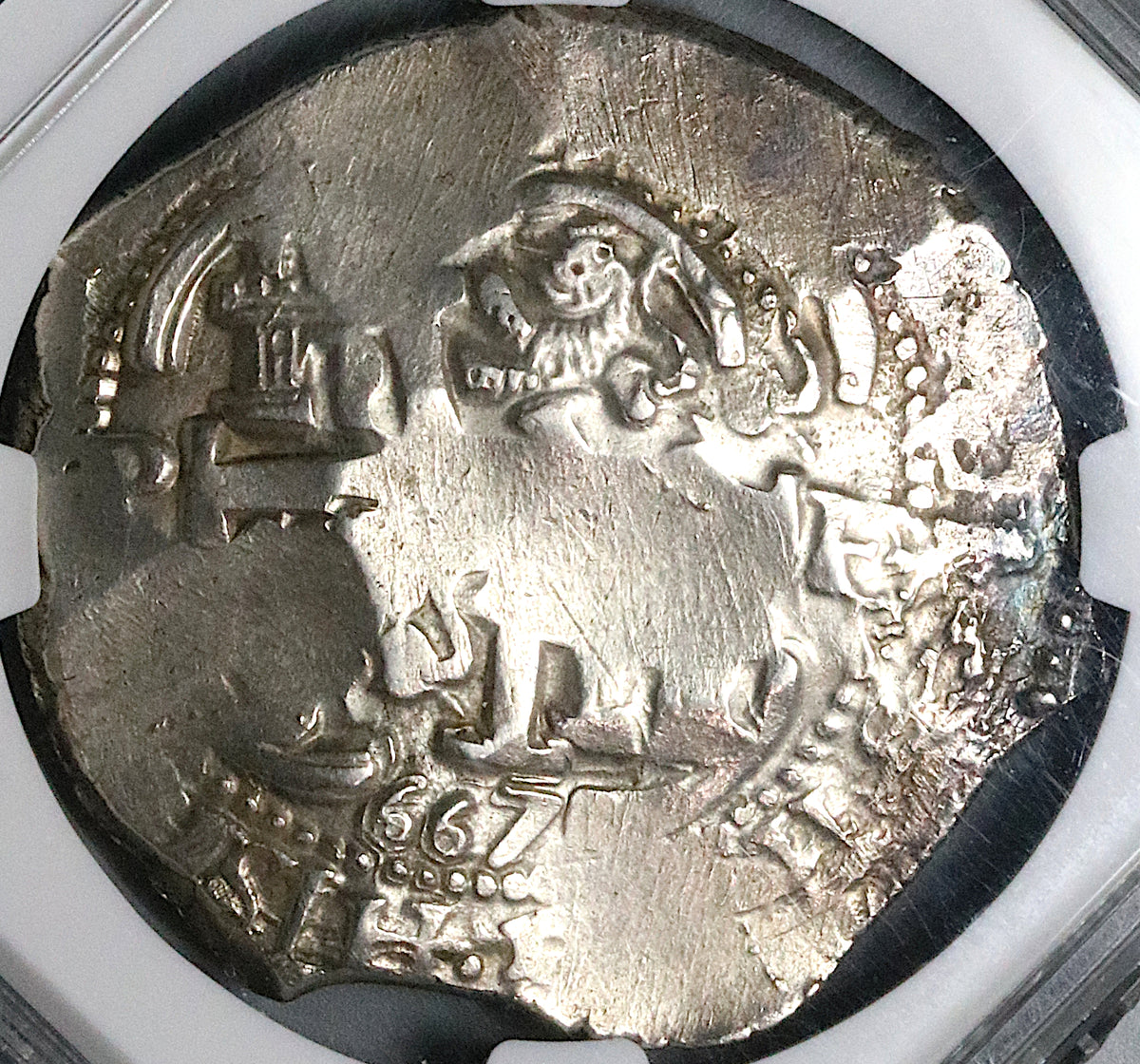 1667 NGC AU 55 Bolivia 8 Reales Cob Spain Charles II Colonial