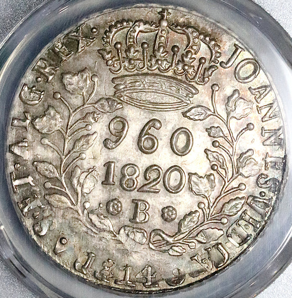 1820-B PCGS MS 63 Brazil 960 Reis Over Struck Peru 1814 8 Reales Silver Coin (21063002D)