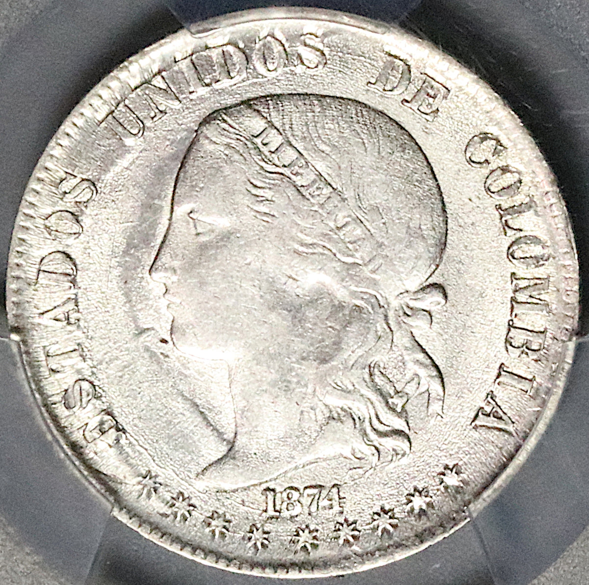 1874 PCGS AU 58 Colombia 2 Decimos Medellin 20 Centavos Silver
