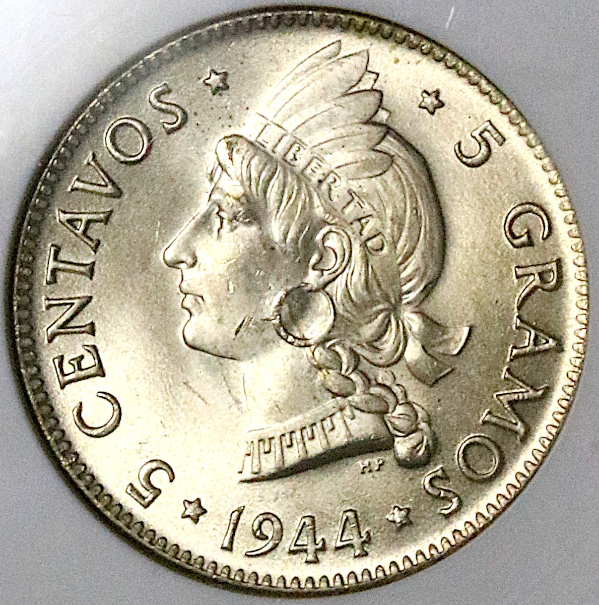 1944 NGC MS 64 Dominican Republic 5 Centavos WWII Silver Vintage