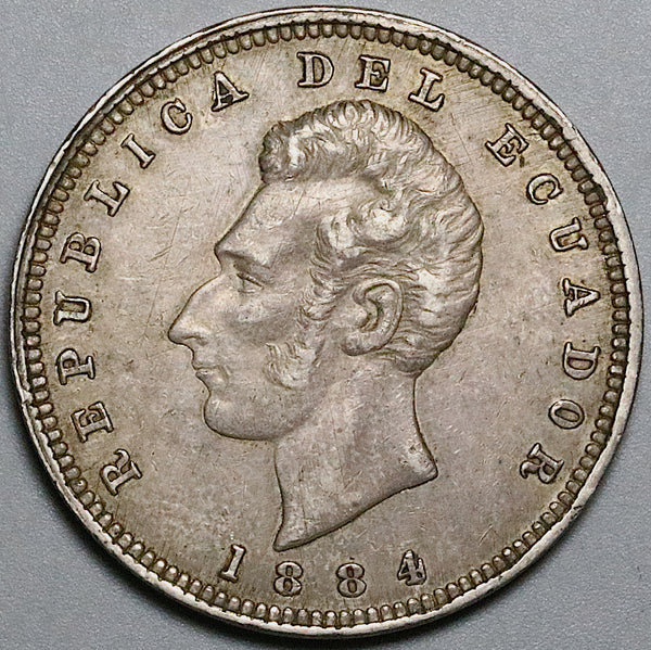 1884 Ecuador Un Sucre AU Heaton Mint Britain 90% Silver Crown Coin (23123105R)