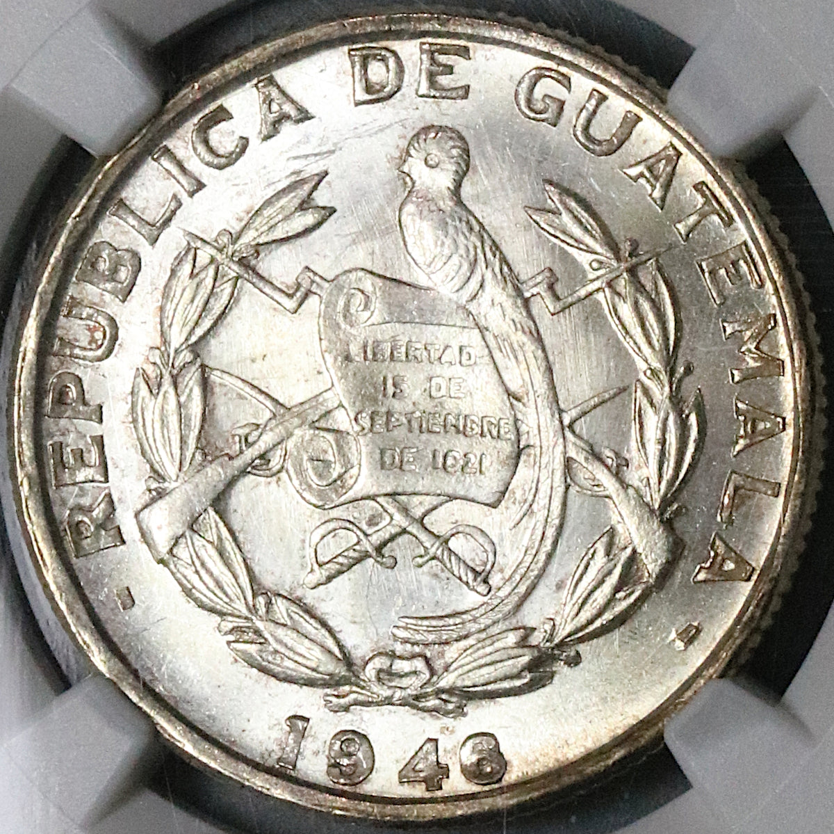1946 NGC MS 65 Guatemala 1/4 Quetzal Bird Silver Mint State Gem