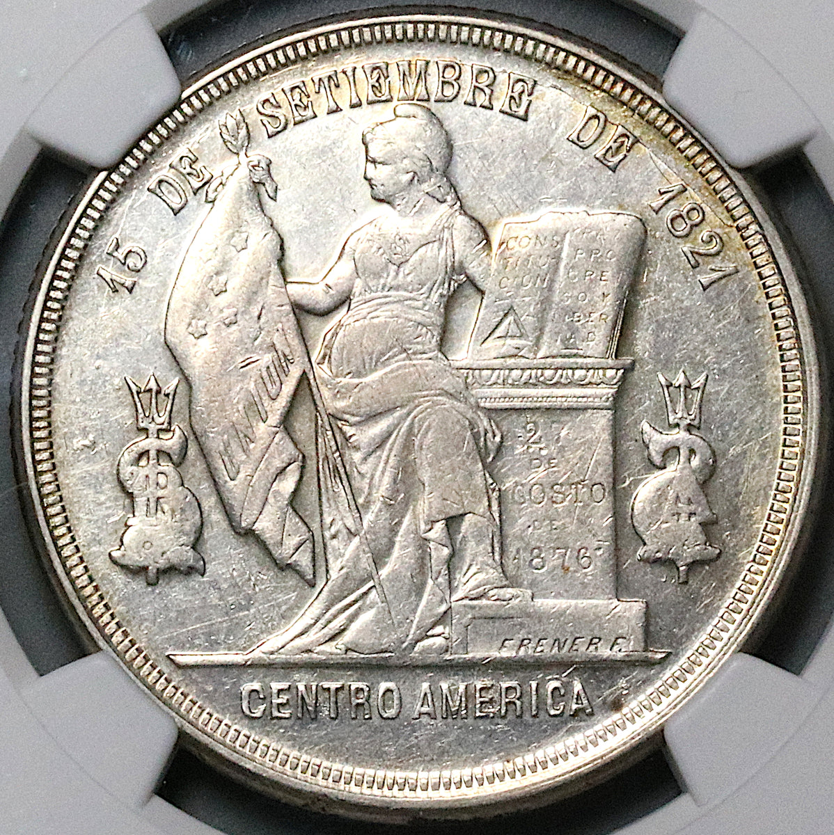 1888/7 NGC AU 55 Honduras 1 Peso Standing Liberty Overdate Silver