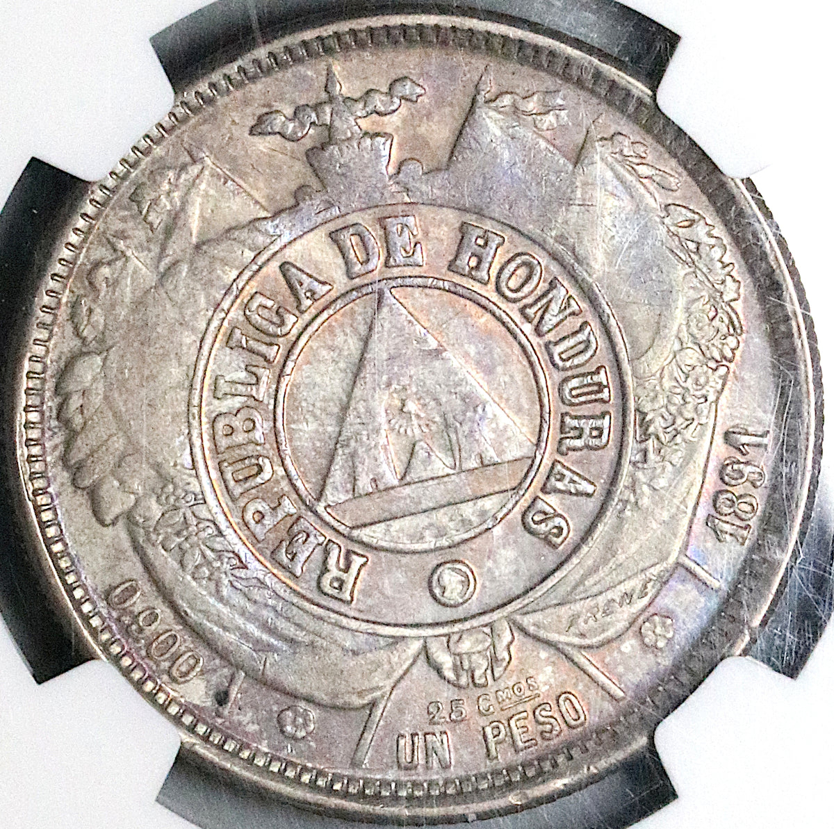 1891/89 NGC AU 55 Honduras Peso Overdate Standing Liberty Silver