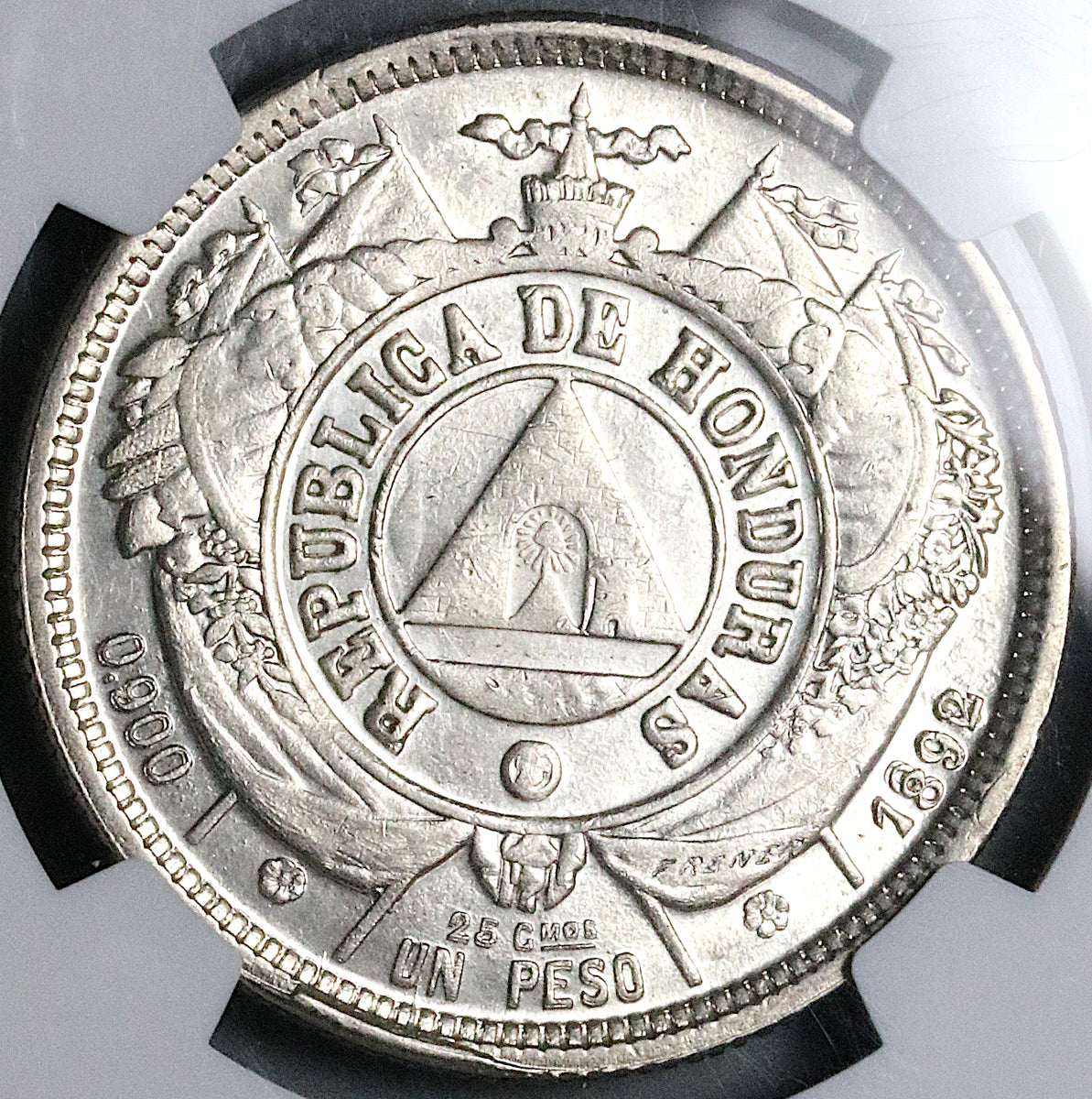 1892/0 NGC MS 62 Honduras 1 Peso Overdate Standing Liberty Silver