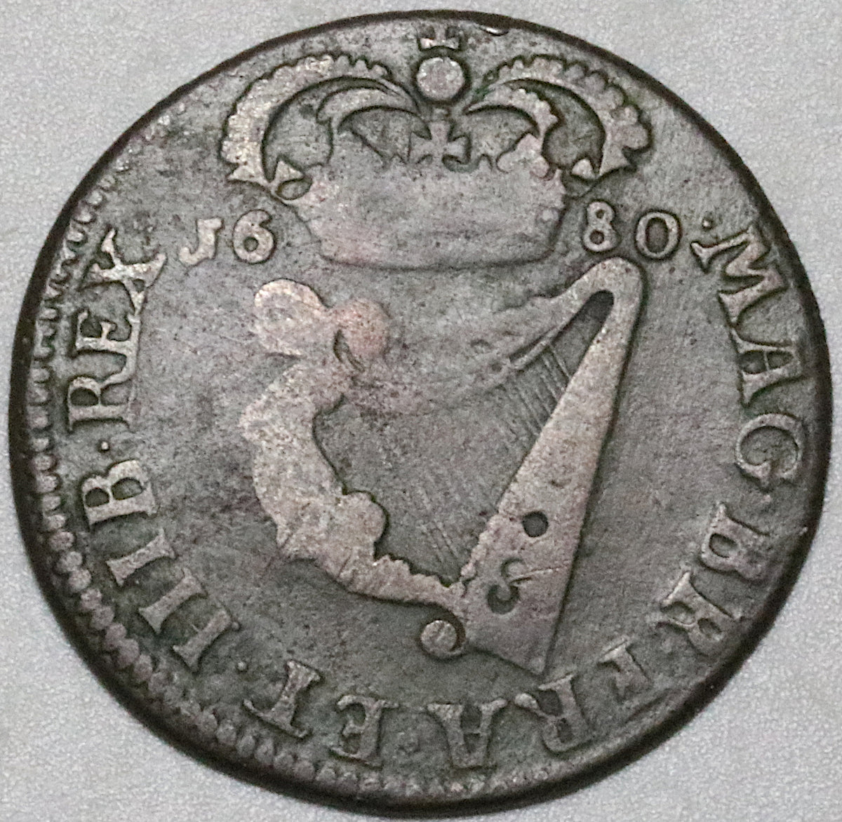 1680 Ireland 1/2 Penny Charles II Harp Coin Armstrong Legge Coin