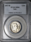 1917 PCGS MS 64 Italy 1 Lira Horses Chariot Silver Mint State Coin (21101705D)