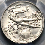 1922 PCGS MS 62 Italy 20 Centesimi Flying Woman Mint State Last Year Coin (24071801C)