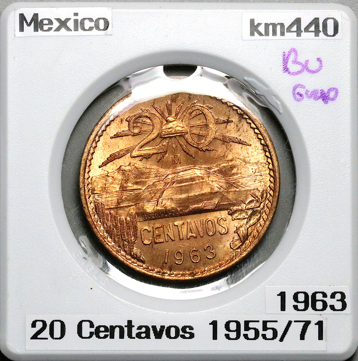 1963 Mexico 20 Centavos Gem BU Teotihuacán Pyramid Eagle Bronze