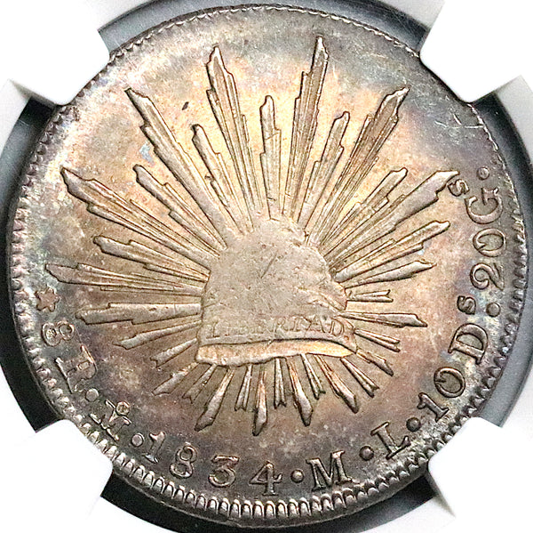 1834-Mo NGC MS 63 Mexico 8 Reales Cap Rays Rare Silver Coin POP 3/1 (24040804C)