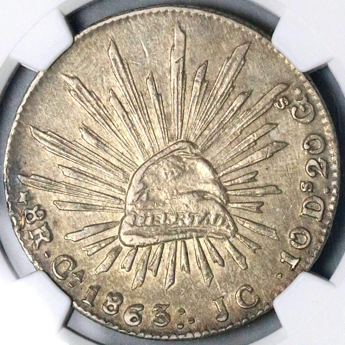 1863-Ca JC NGC AU Mexico 8 Reales Chihuahua Mint Scarce Silver