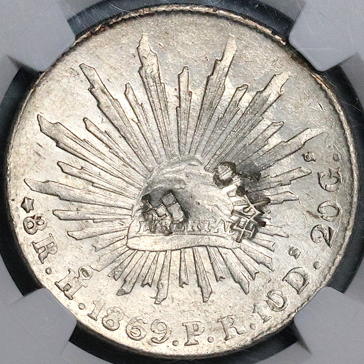 1869-Ho NGC AU Mexico 8 Reales Hermosillo Mint Rare Chopmarked