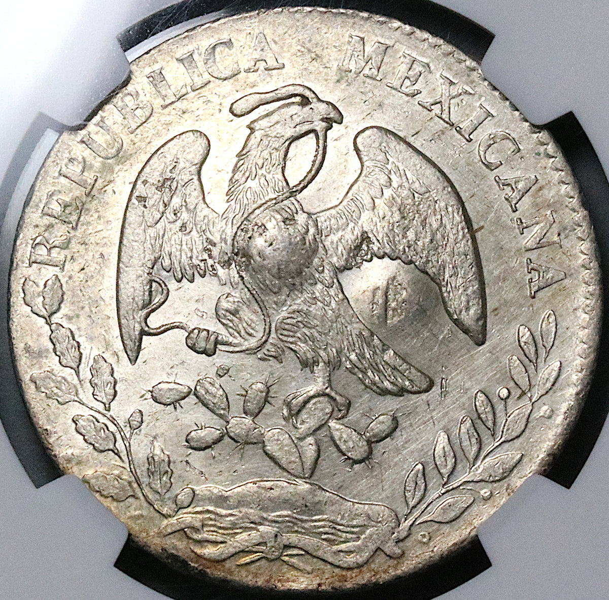 1869-Ho NGC AU Mexico 8 Reales Hermosillo Mint Rare Chopmarked