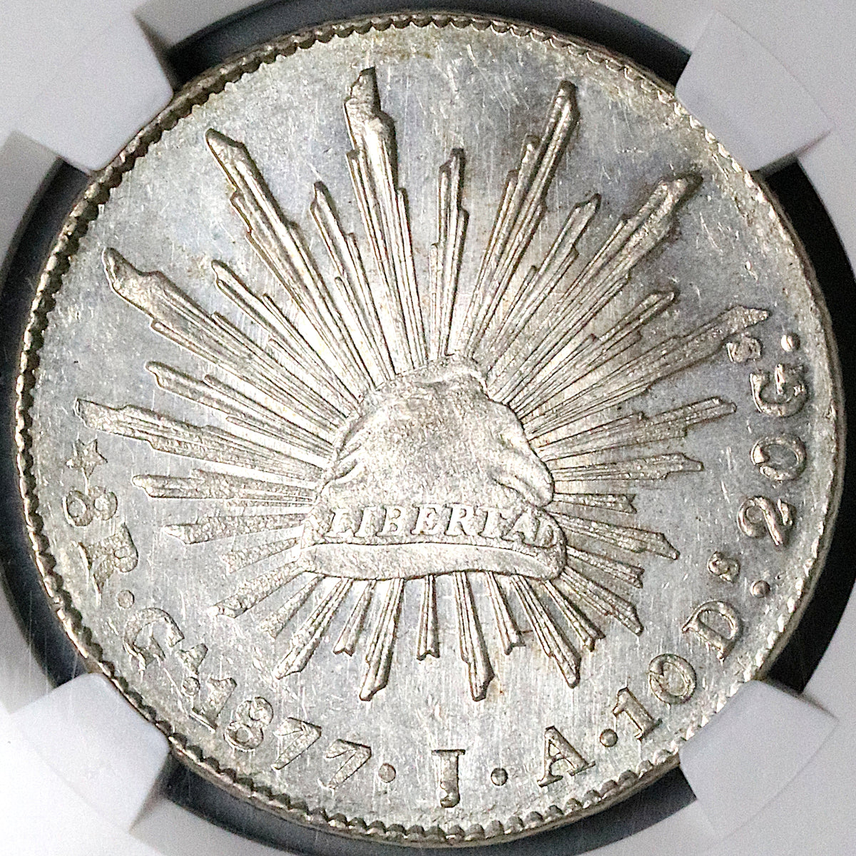 1877/6-Ga JA NGC MS 63 Mexico 8 Reales Near PL Overdate Silver