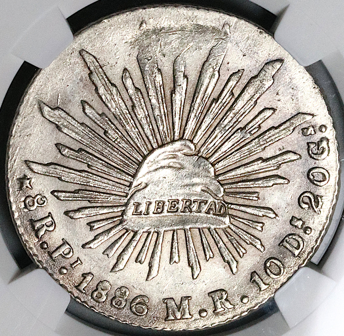 1886-Pi NGC MS 61 Mexico 8 Reales Potosi Mint Cap Rays Scarce Coin