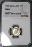 1936 NGC MS 64 Nicaragua 10 Centavos Volcanos Cordoba Silver Coin (24111003C)