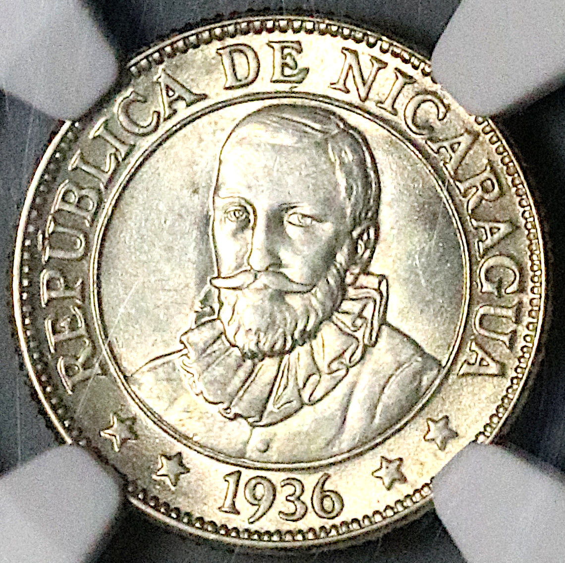 1936 NGC MS 65 Nicaragua 10 Centavos Volcanos Sun Cordoba Silver Coin POP  6/2 (24090601C), image size:1140x1136