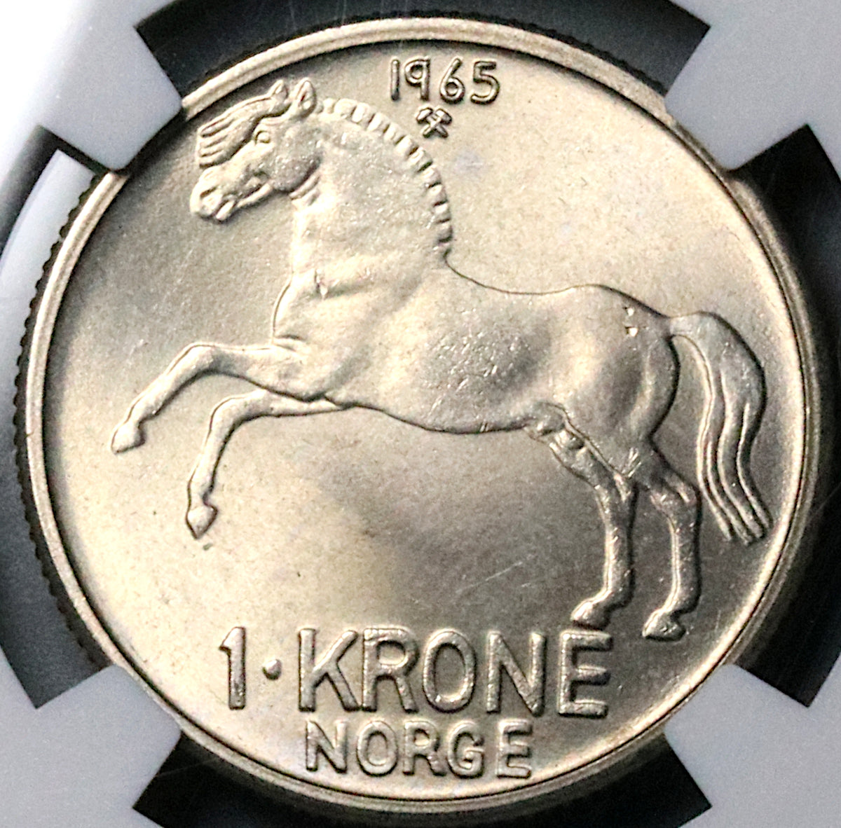 1965 NGC MS 67 Norway 1 krone Horse Key Date Olav V Coin POP 3/0 (24082303C), image size:1200x1182