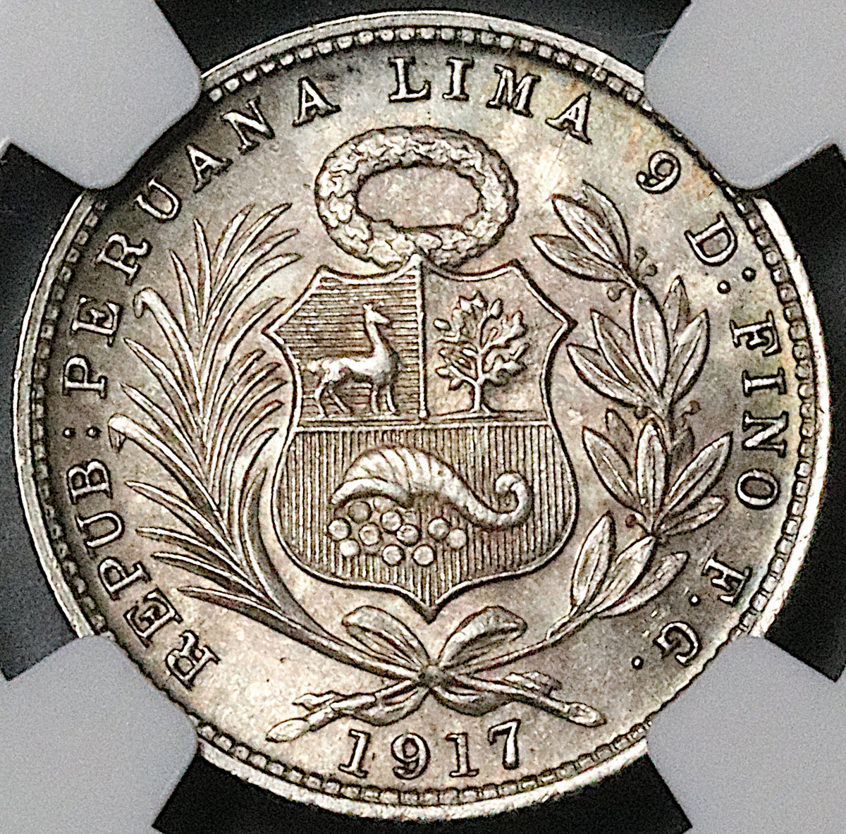 1917 NGC MS 64 Peru 1/5 Sol Seated Liberty Rare Date 20k Silver