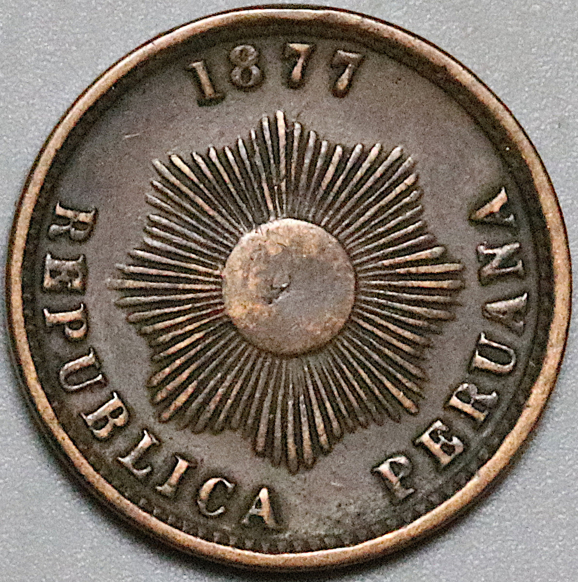1877 Peru Un 1 Centavo AXF Radiant Sun Coin (24092904R) – Caesar's
