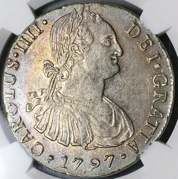 1797 NGC AU 55 Peru 8 Reales Charles IIII Lima Pillars Dollar Coin (23102403C)
