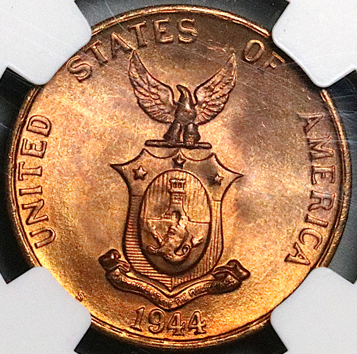 1944-S NGC MS 65 RB Philippines 1 Centavo Mint State USA Coin