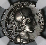 71 BC NGC Ch XF Aquillius Roman Republic Denarius Virtus Sicilia  (24081702C)