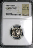 92 NGC AU Domitian Roman Empire Denarius Minerva Thunderbolt Spear Shield 4/5 5/5 (25100402C)