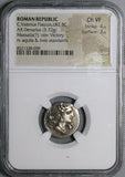 82 BC NGC Ch VF Flaccus Roman Republic Denarius Winged Victory Legionary Eagle (25081401C)