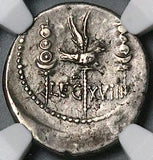 32 BC NGC Ch VF Marc Antony Denarius Legion XVIII Roman Imperatorial Galley Eagle (25042001D)