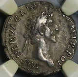 97 NGC Ch VF Nerva Roman Empire Denarius Sacrificial Priest Implements Trajan Father (24081701C)