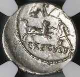 42 BC NGC Ch VF Regulus Roman Imperatorial Denarius Bestiari Gladiators Beasts Arena (24082803C)