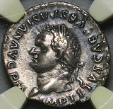 80 NGC XF Titus AR Denarius Roman Empire Left Portrait Throne Thunderbolt Coliseum Pompeii (25100304C)