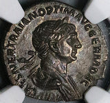114 NGC AU Trajan Roman Empire Denarius Mars Trophy Spear (23042502C)