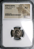 114 NGC AU Trajan Roman Empire Denarius Mars Trophy Spear (23042502C)