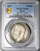 1897 PCGS XF 45 Russia Rouble Nicholas II Brussels 2 Stars Silver Coin (24010701D)