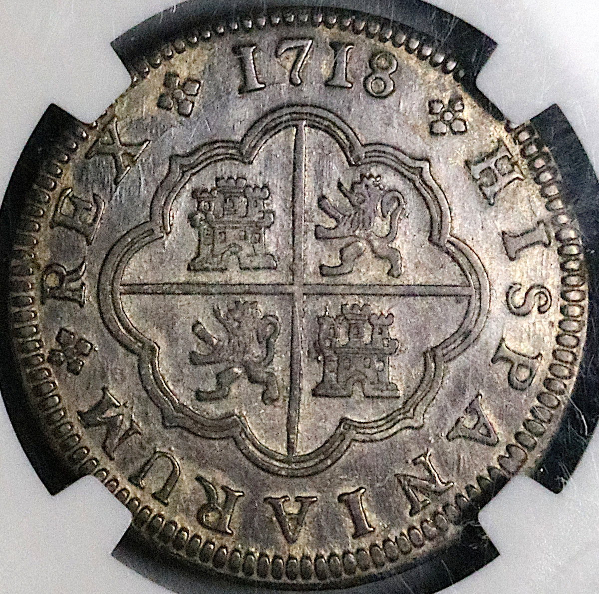 1718-J NGC AU 50 Spain 2 Reales Philip V Silver Segovia Coin POP 2