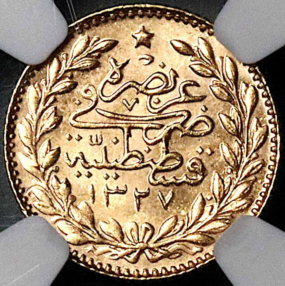 1914 NGC MS 64 Turkey Gold 25 Kurush 1327/6 Ottoman Empire