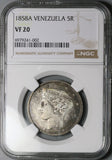 1858-A NGC VF 20 Venezuela 5 Reales Rare Paris Mint 1 Year Silver Coin (25102201C)