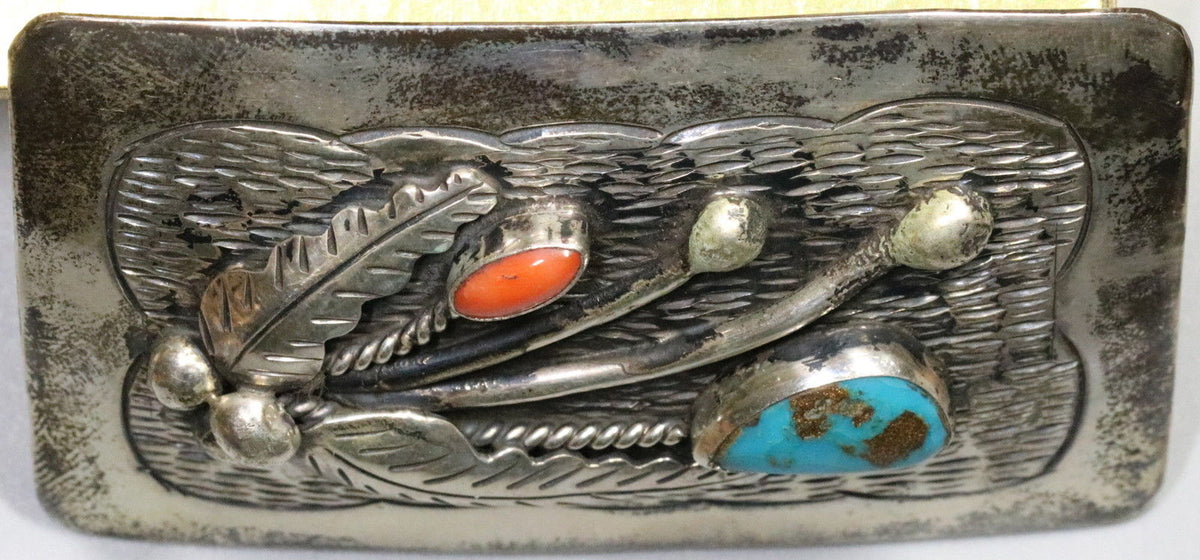 Native American Silver Belt Buckle Turquoise & Coral Channel 