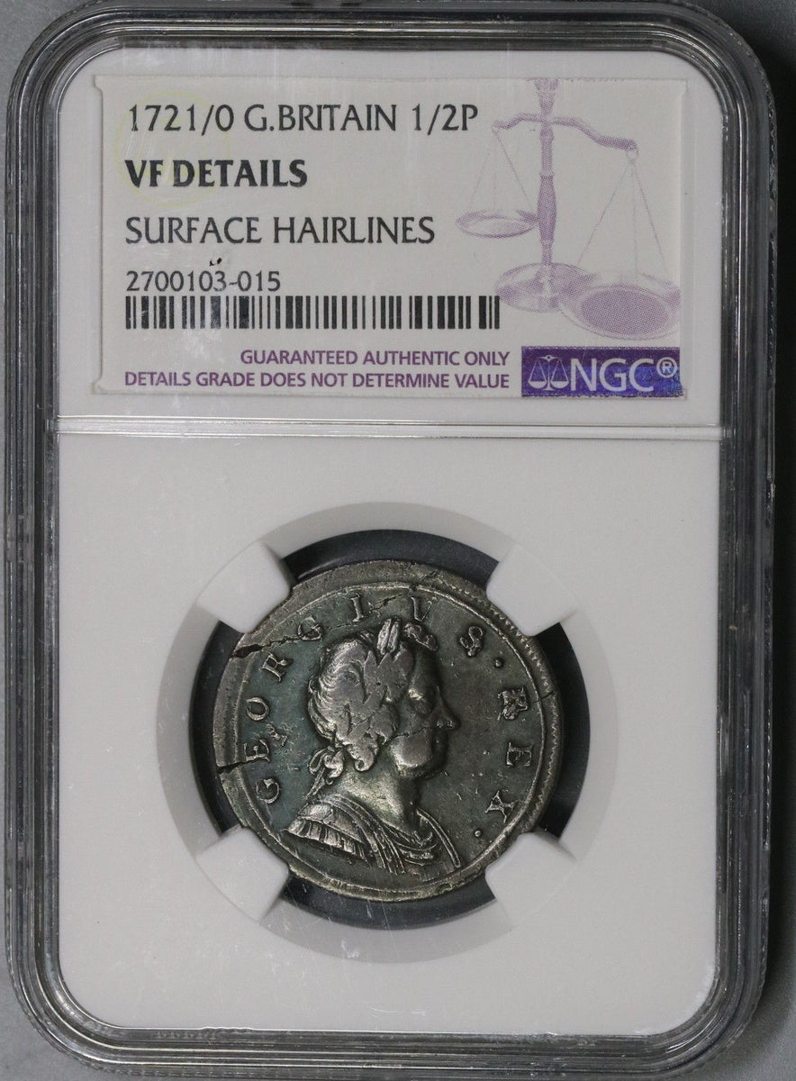 1721/0 NGC VF 1/2 Penny George I GREAT BRITAIN Rare Overdate
