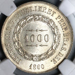 1860 NGC MS 64 Brazil 1000 Reis Silver Coin (22011802C)