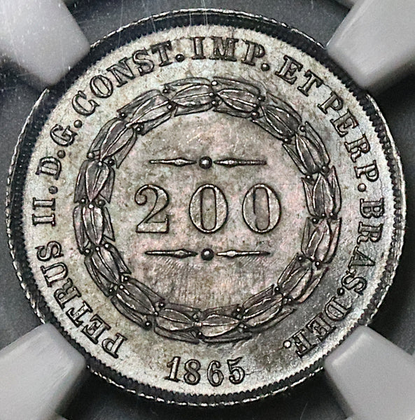 1865  NGC MS 65 Brazil 200 Reis Silver GEM Mint State Coin POP 7/1 (22013101C)