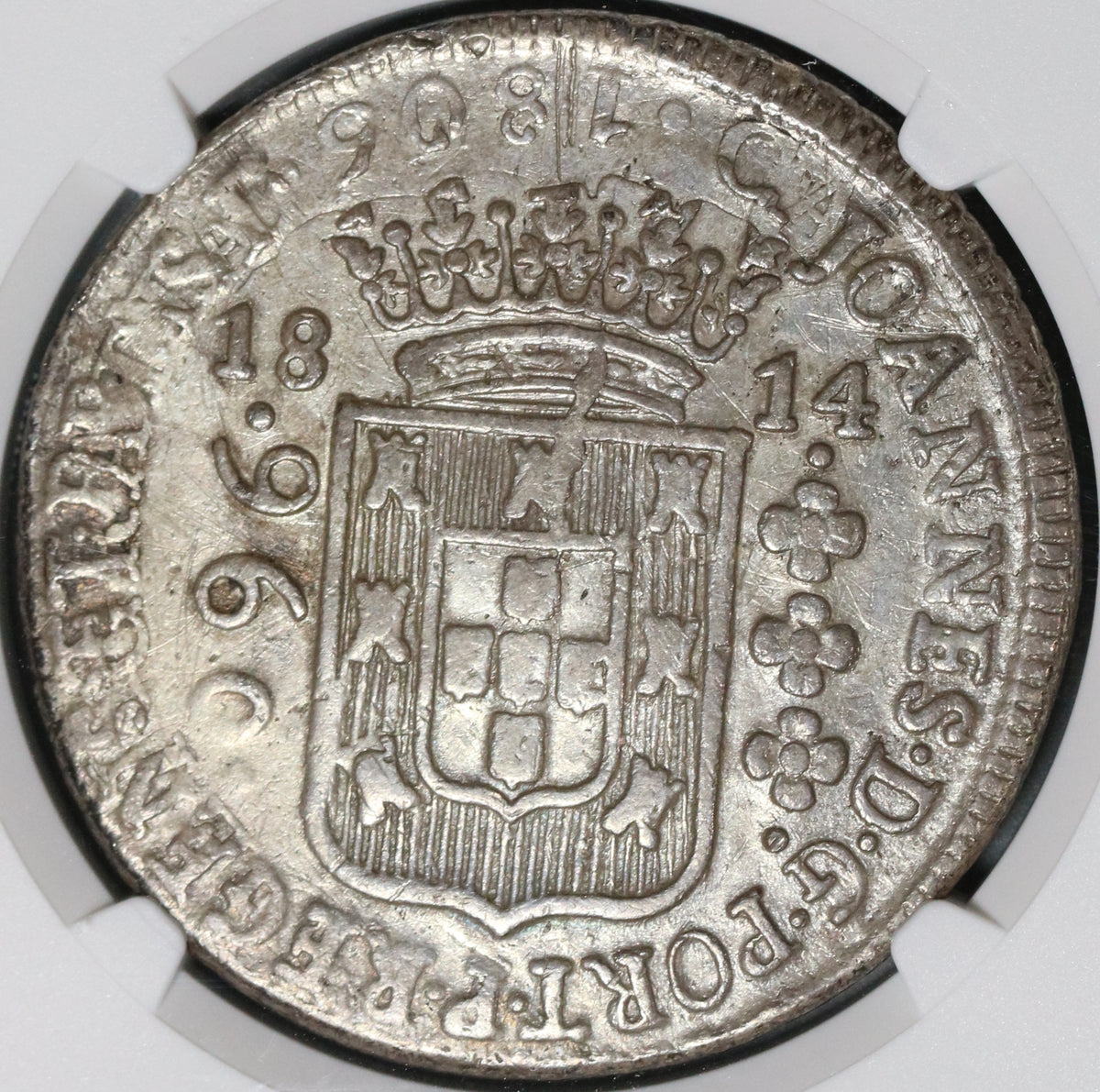 1814-B NGC XF Det Brazil 960 Reis Overstruck Peru 8 Reales 1805