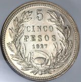 1927-SO NGC MS62 Chile Silver Five Pesos Condor Bird Coin (20110602C)