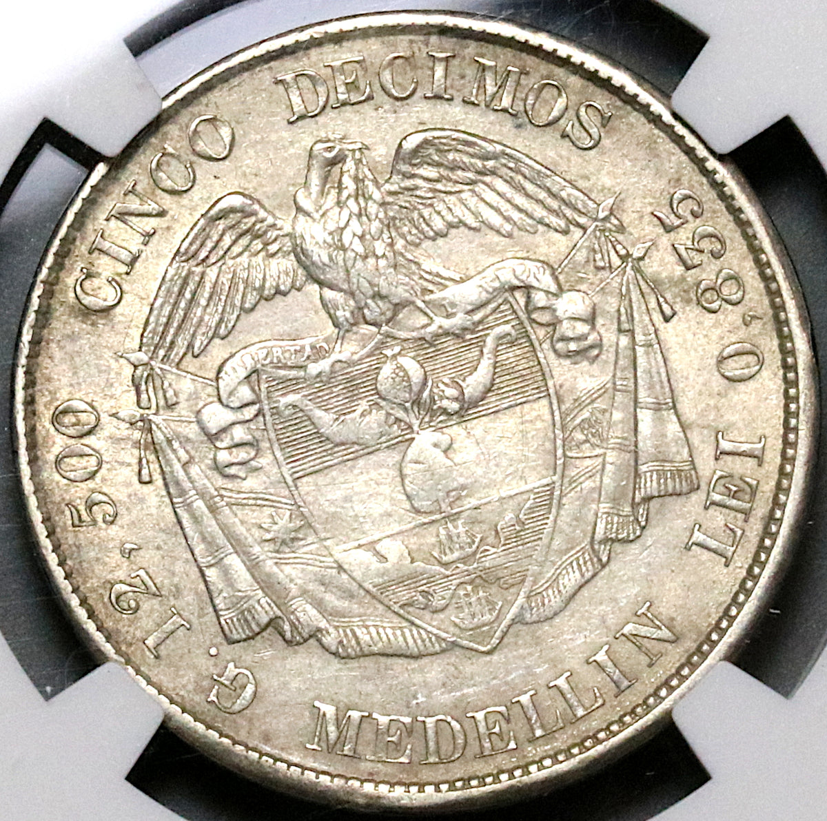 1878/4 NGC AU 55 Colombia 5 Decimos Medellin 50 Centavos