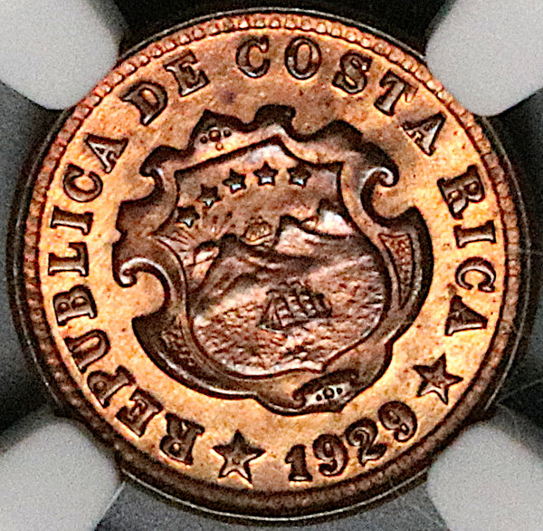 1929 NGC MS 66 Costa Rica 5 Centimos Mint State Bronze Coin (23042001C)