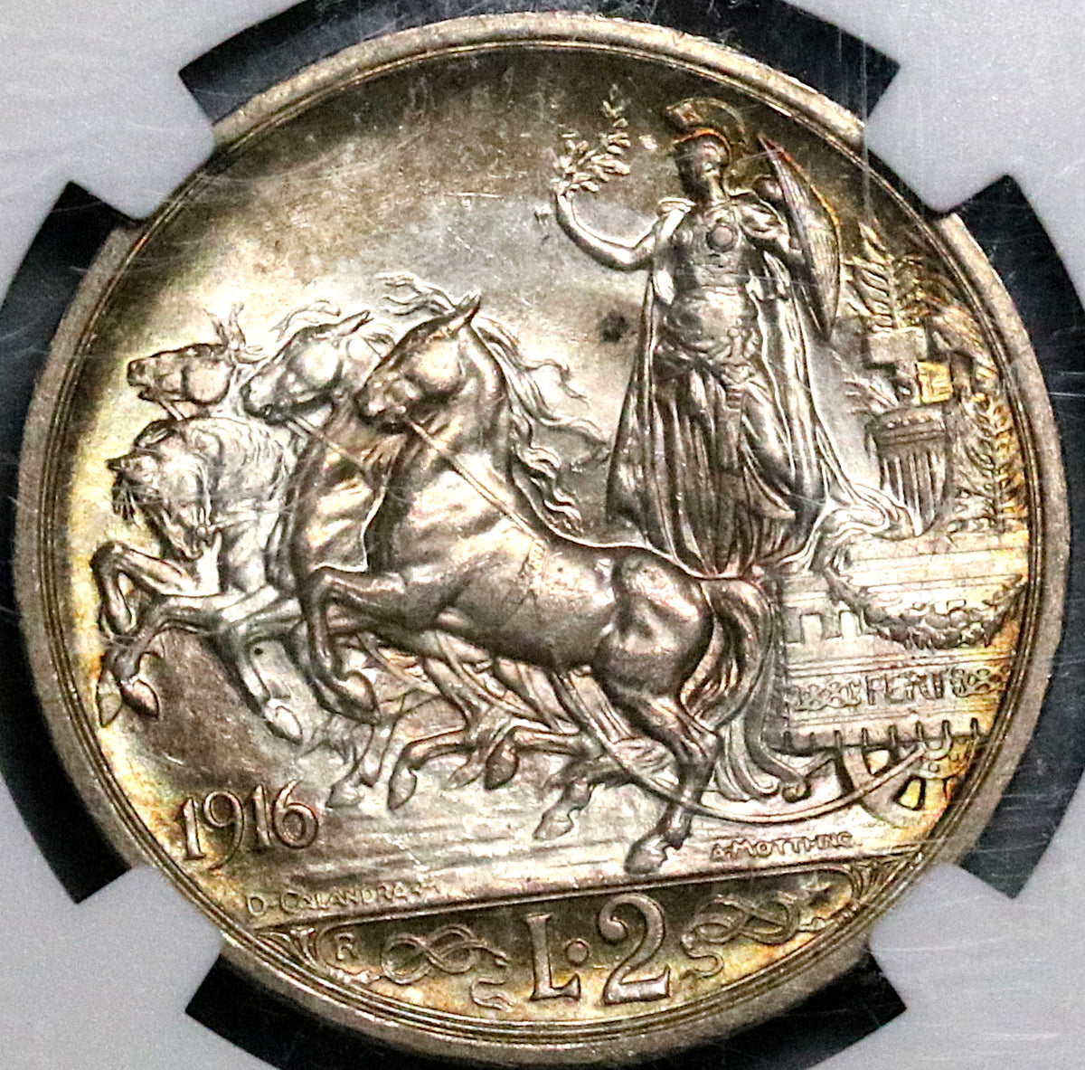 1916 NGC MS 64 Italy 2 Lire Horses Chariot Silver Mint State Coin